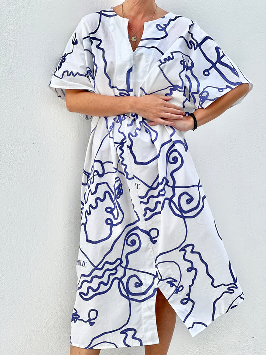 LIA COTTON CAFTAN DRESS - LINES PRINT | BLUE & WHITE