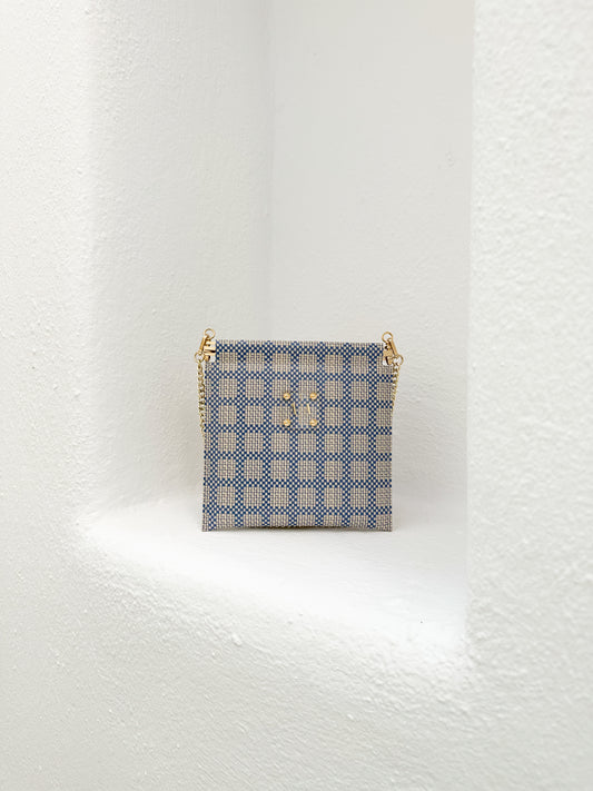 MARLENE “S” CLUTCH | BLUE AND BEIGE CHECK PATTERNED LEATHER