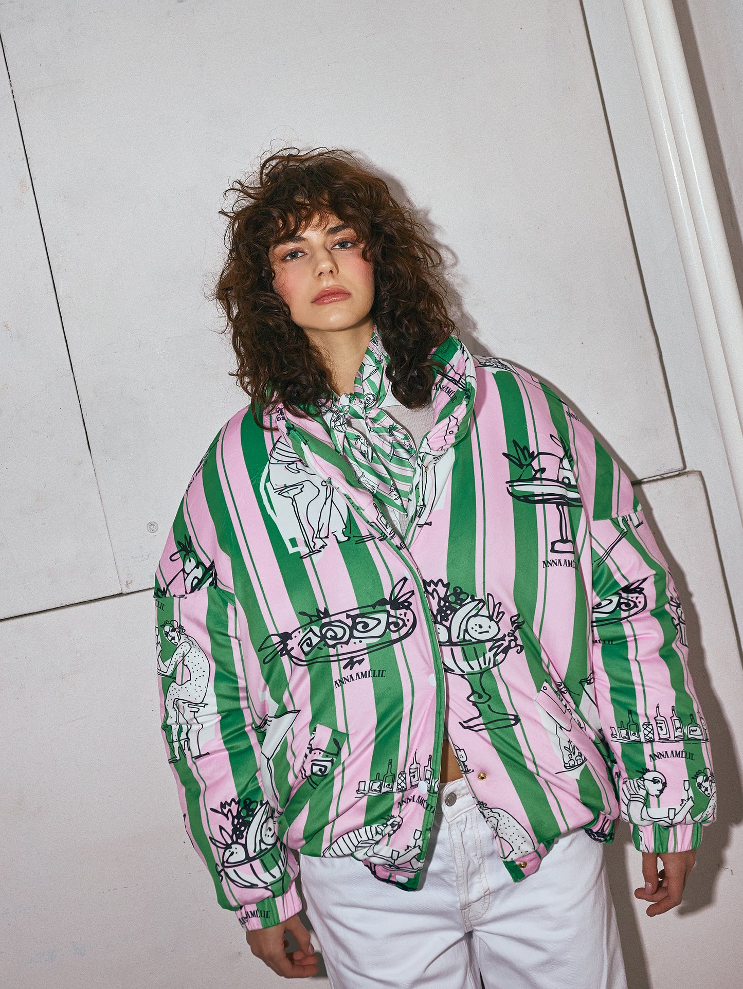 AMELIOU 2.0 VELVET PUFFER JACKET  - FEAST PRINT | GREEN & PINK STRIPED