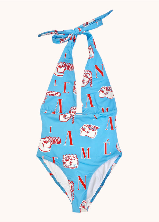 PSARU SWIMSUIT - HEADS LOGO PRINT | BLUE & ORANGE