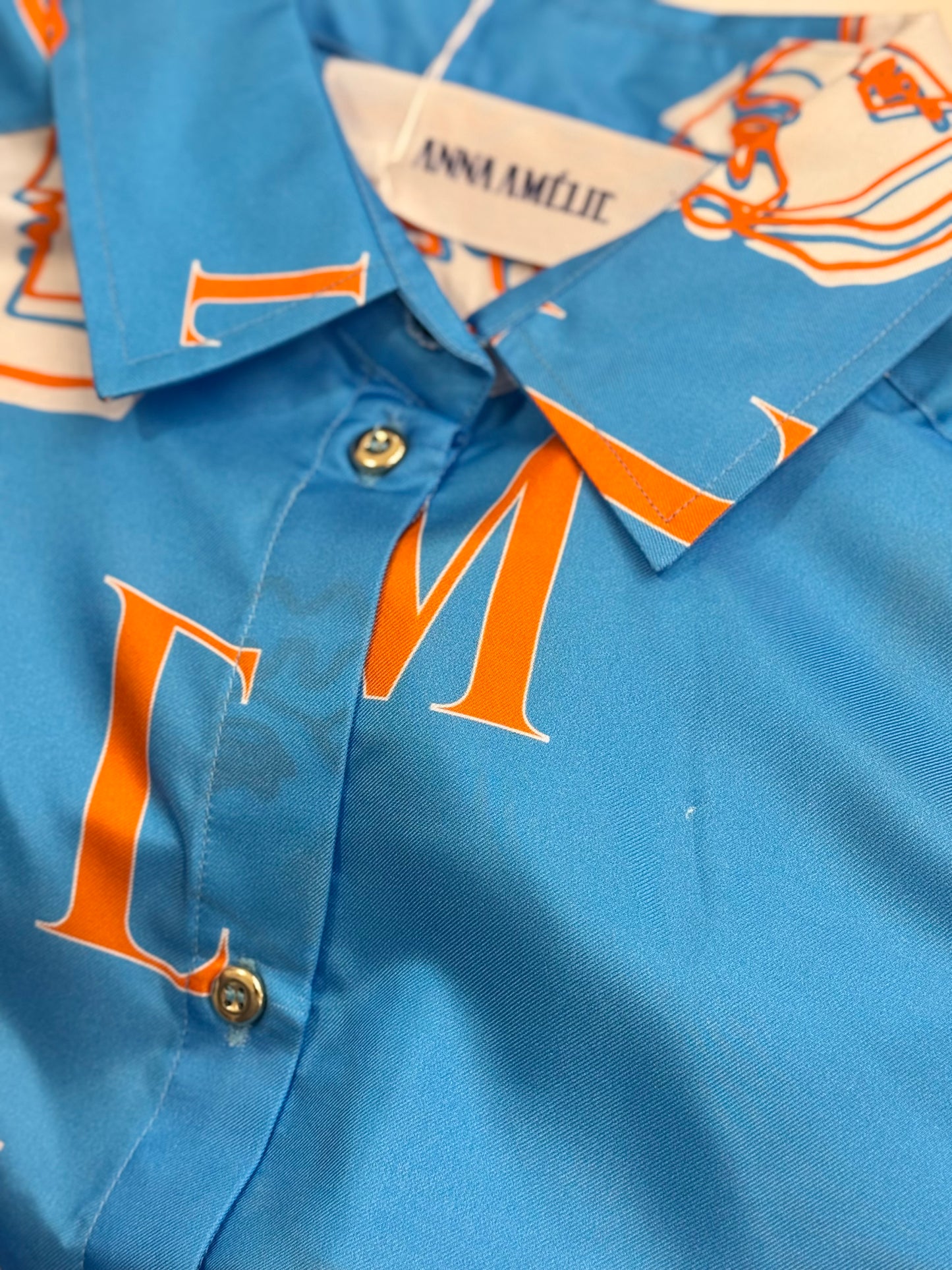 Sample Sale - PANORMOS SILK SHIRT - HEADS LOGO PRINT |  BLUE & ORANGE