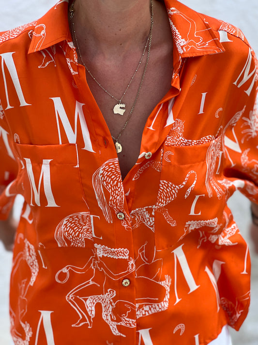 ANULA SILK SHIRT - MYTHOLOGY LOGO PRINT | ORANGE