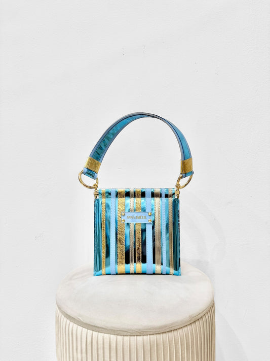 MARLENE “S” CLUTCH - UNIQUE SPECIAL EDITION | BLUE & GOLD STRIPED APPLIQUE