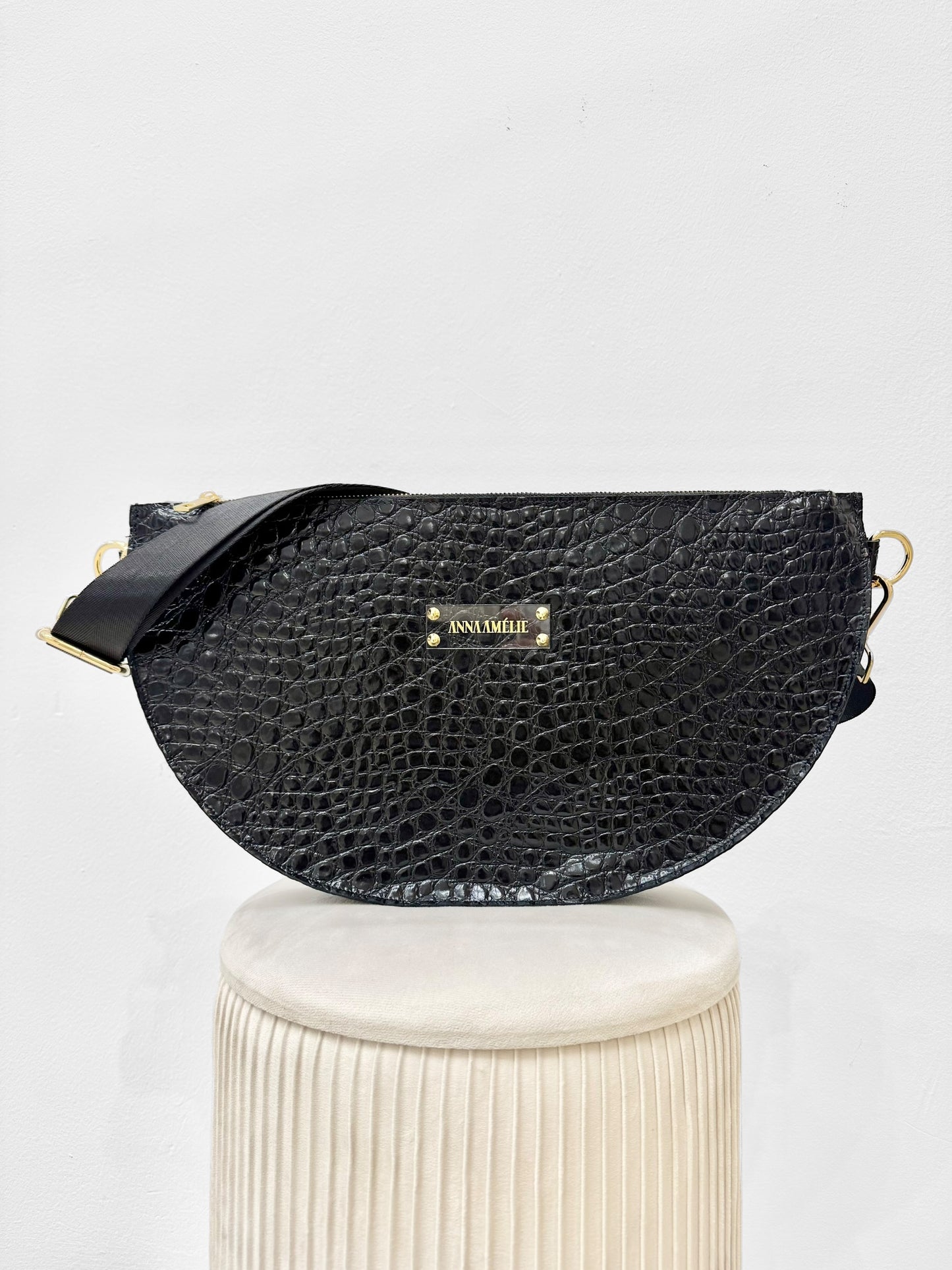 SOPHIE “XL” BELTBAG  - BLACK SHINY CROC EMBOSSED LEATHER