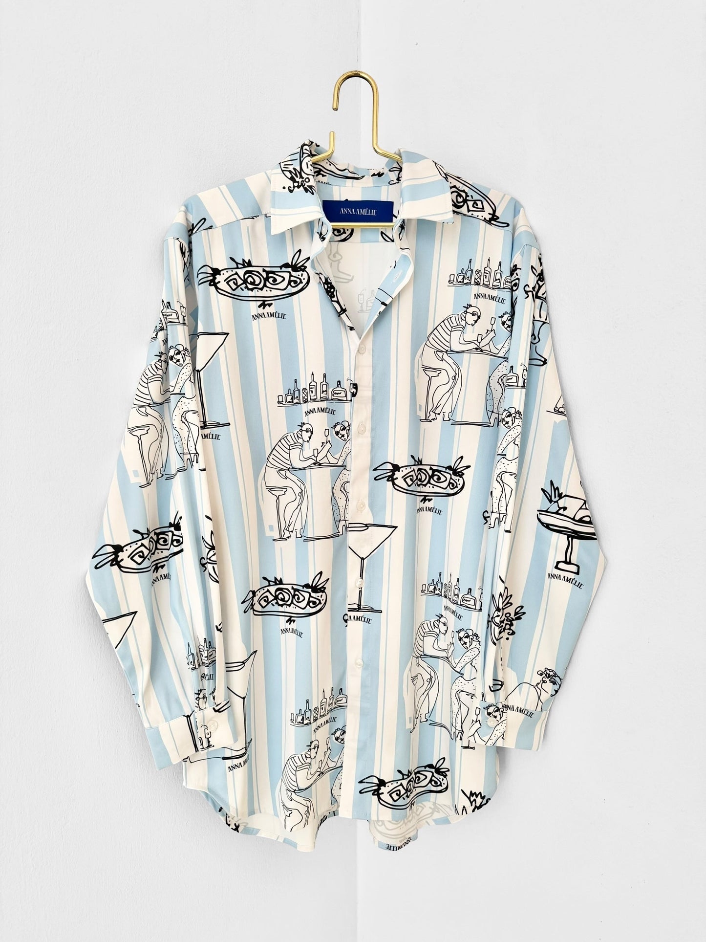 ARGOLIS SATIN SHIRT - FEAST PRINT | PALE BLUE & WHITE STRIPED