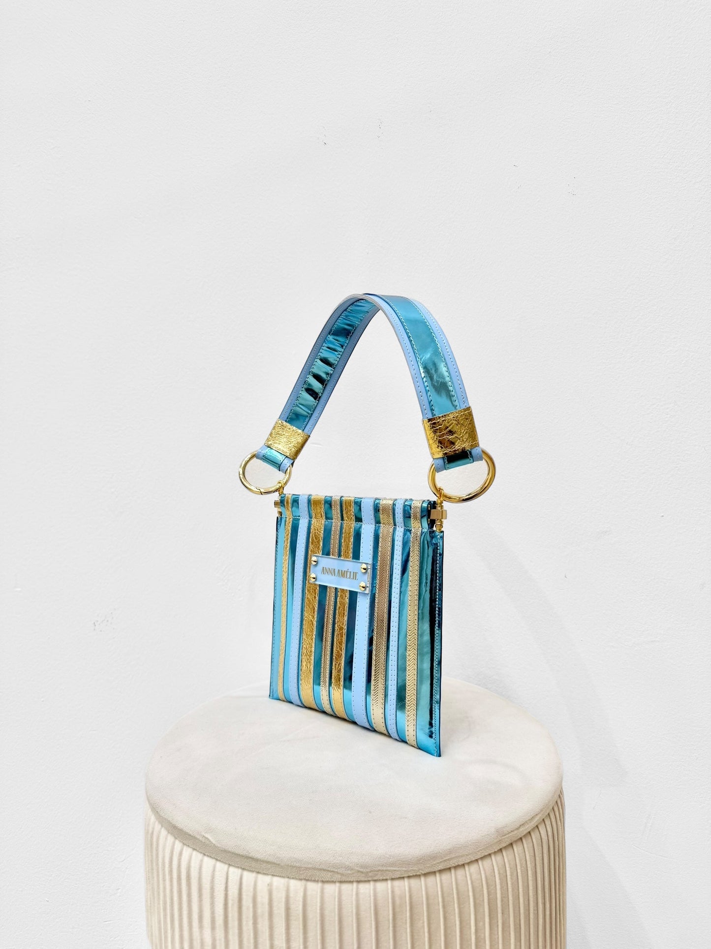 MARLENE “S” CLUTCH - UNIQUE SPECIAL EDITION | BLUE & GOLD STRIPED APPLIQUE