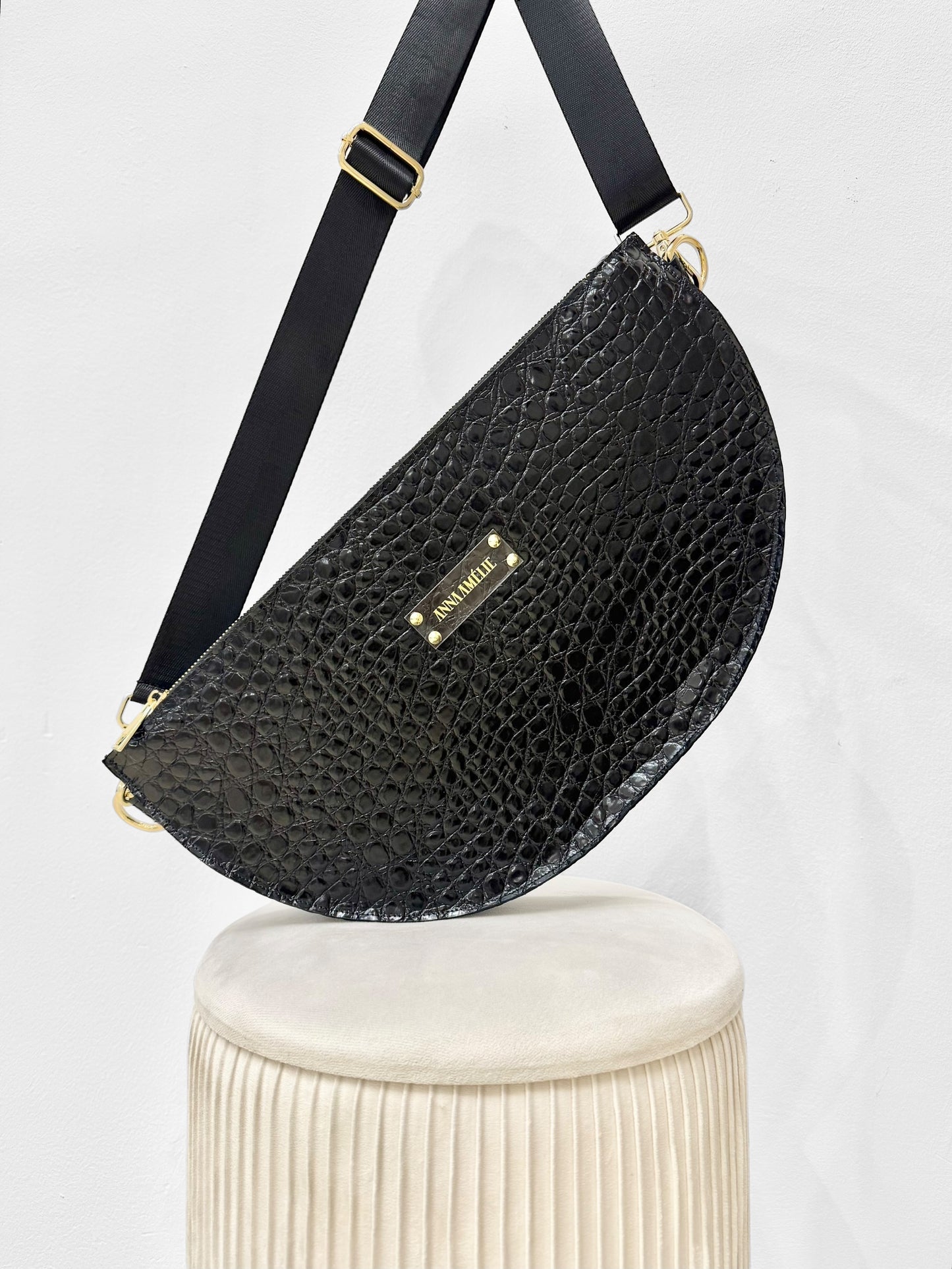 SOPHIE “XL” BELTBAG  - BLACK SHINY CROC EMBOSSED LEATHER