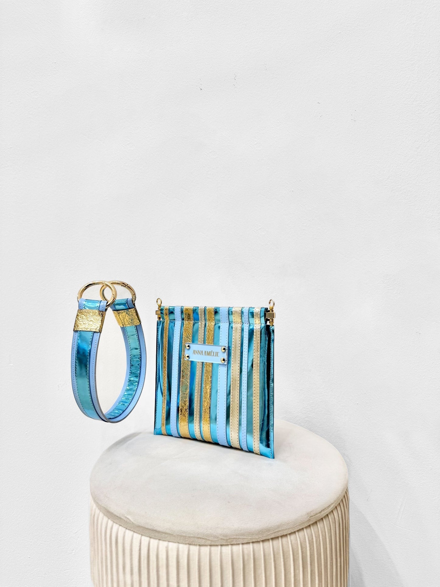 MARLENE “S” CLUTCH - UNIQUE SPECIAL EDITION | BLUE & GOLD STRIPED APPLIQUE