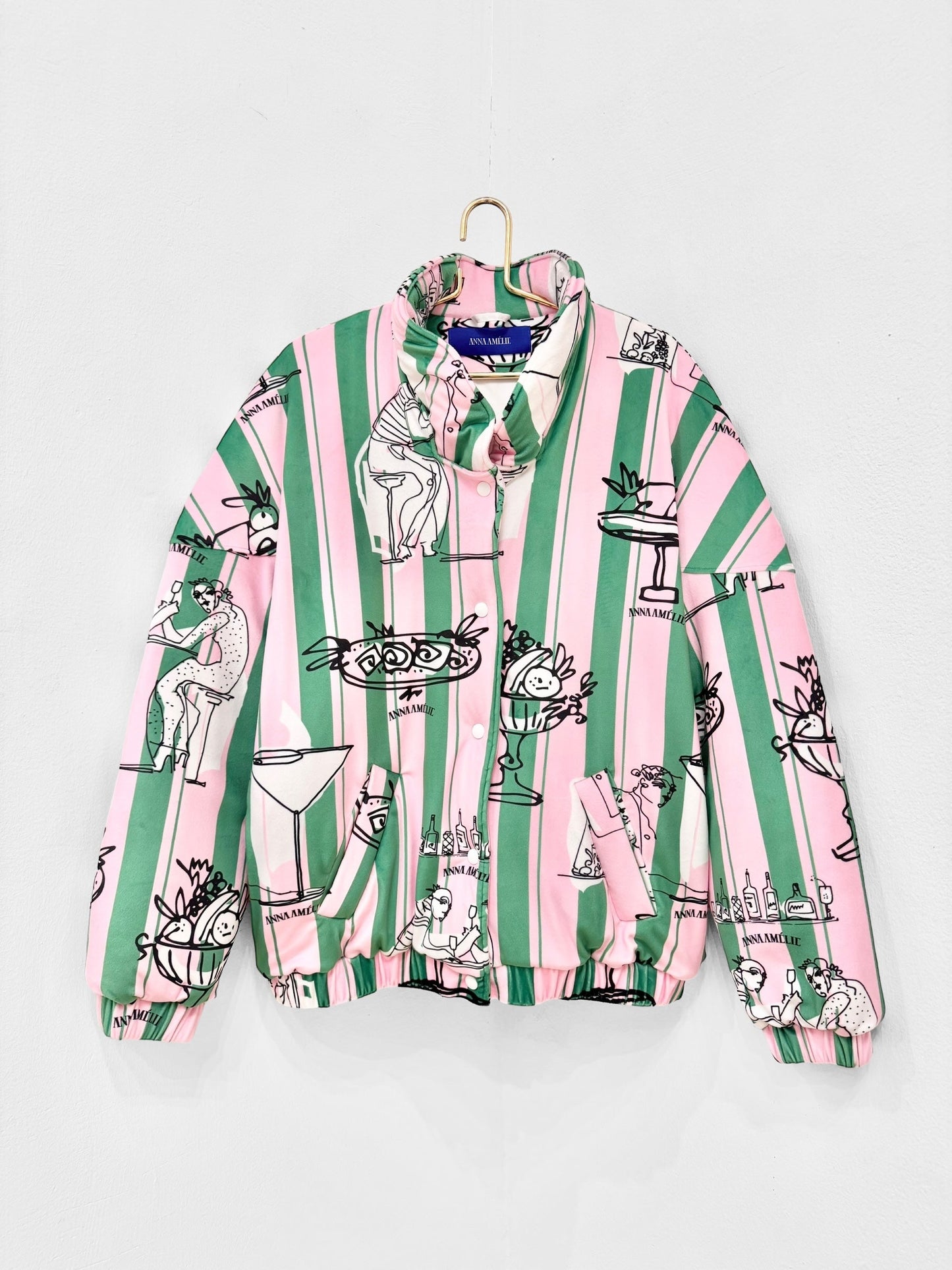 AMELIOU 2.0 VELVET PUFFER JACKET  - FEAST PRINT | GREEN & PINK STRIPED