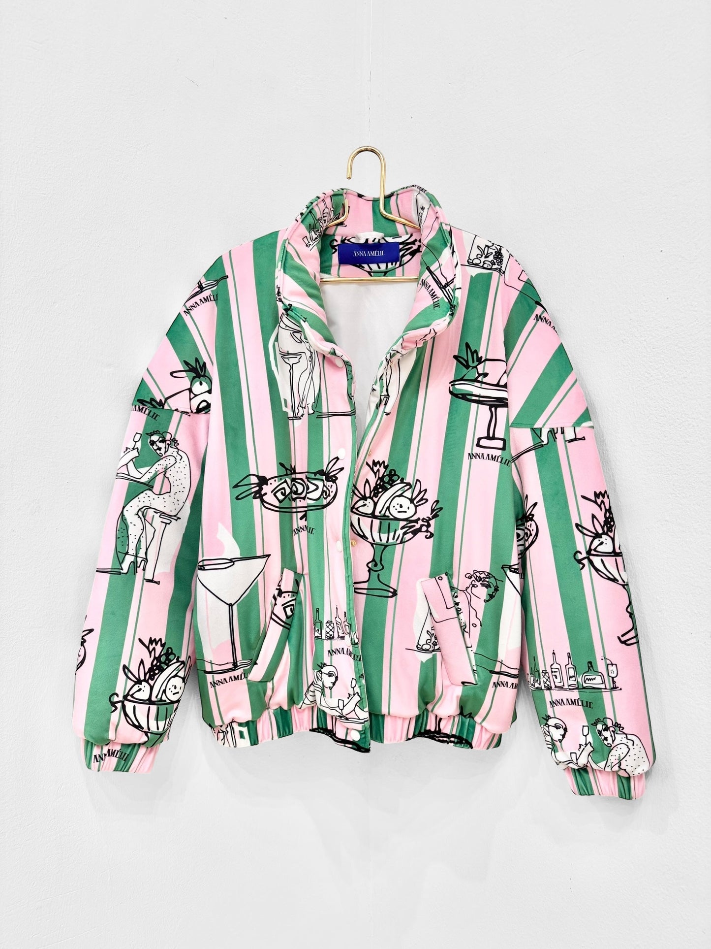 AMELIOU 2.0 VELVET PUFFER JACKET  - FEAST PRINT | GREEN & PINK STRIPED