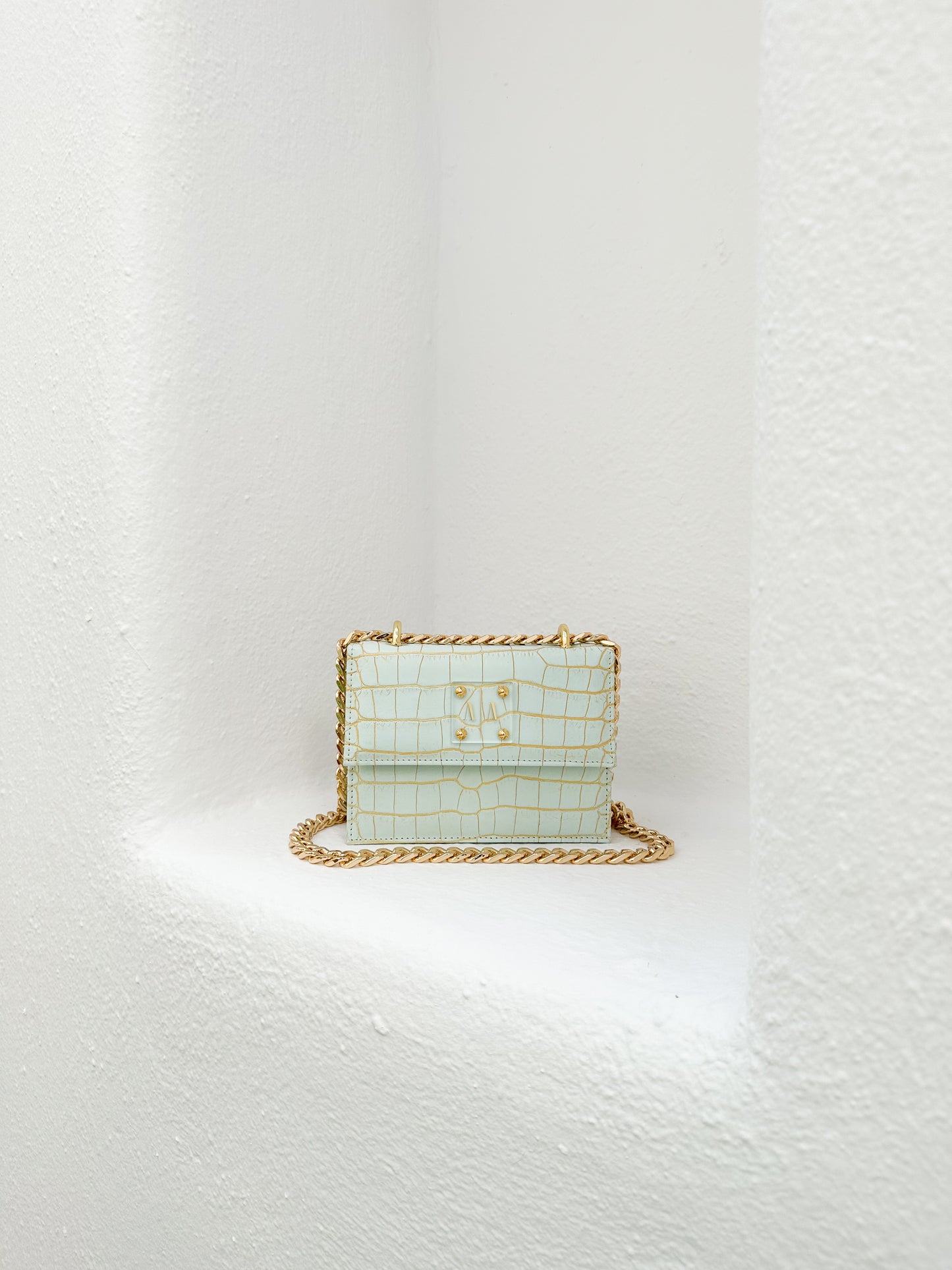 JUNE BAG  PALE BLUE AND GOLD CROC EMBOSSED LEATHER