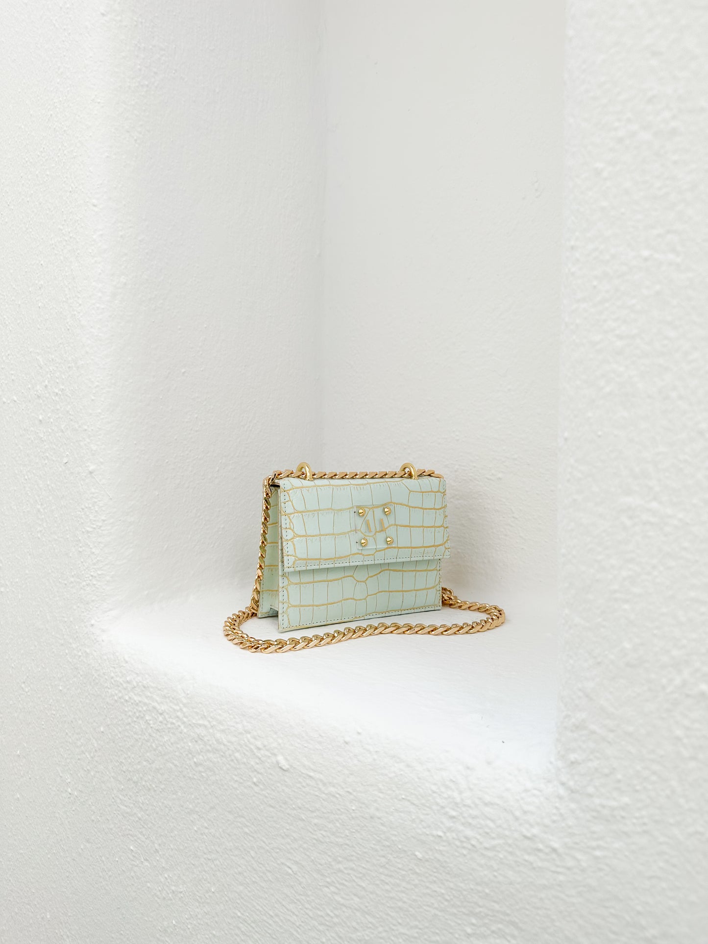 JUNE BAG  |  PALE BLUE AND GOLD CROC EMBOSSED LEATHER